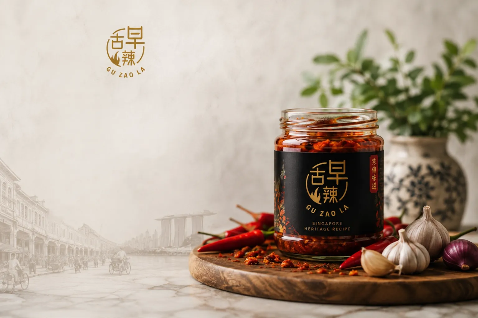 A jar of Guzaola sambal on a wooden board with fresh chillies, garlic and shallots
